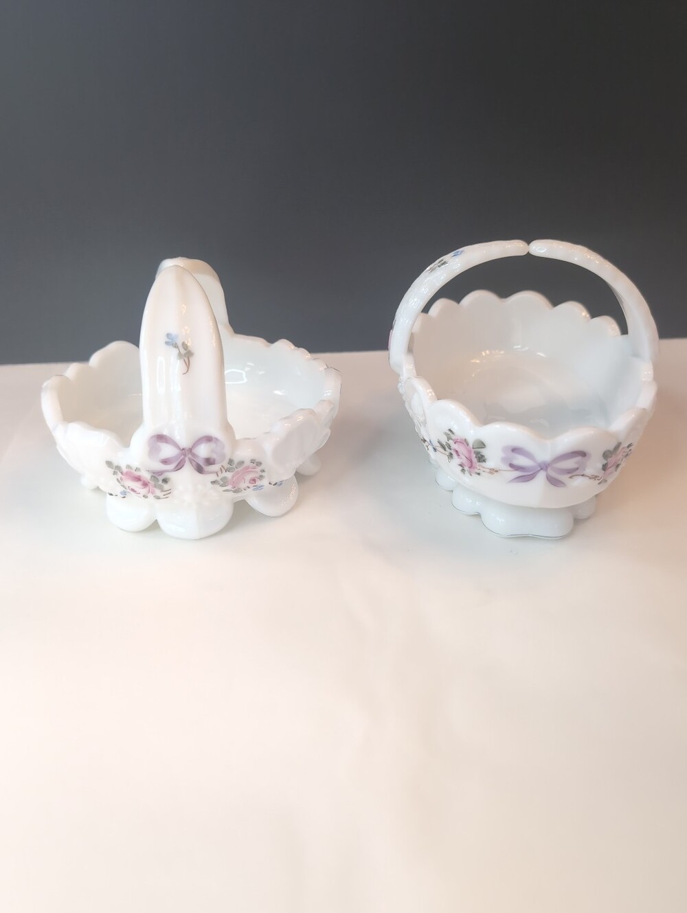 Vintage Westmoreland Milk Glass Baskets. Hand Painted "Rose And Bow" Pattern
